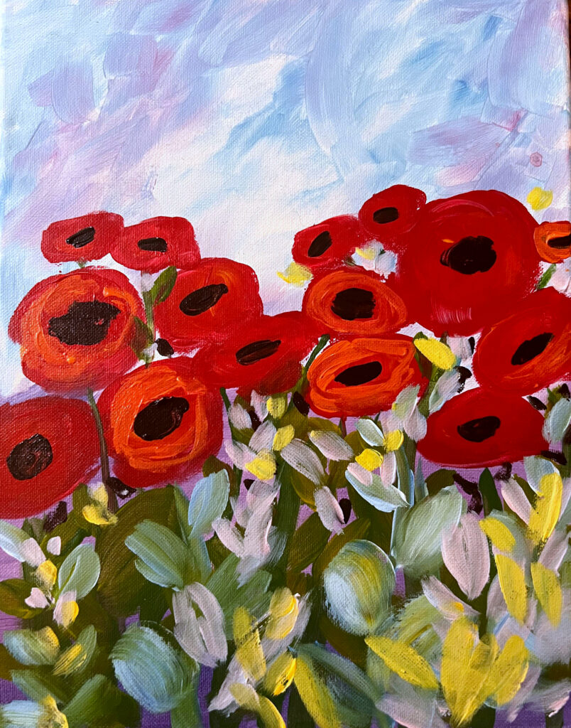 Field of poppies acrylic painting class, paint and sip in gig harbor