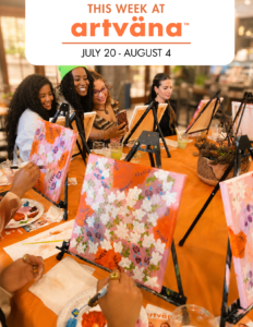 Friends attending an Artvana paint and sip event, painting colorful floral canvases during a guided beginner acrylic painting class. This fun social paint night in Washington features step-by-step instruction, creative experiences, and local events perfect for date nights, girls' nights, birthdays, and weekend activities.