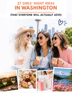 WOMEN LAUGHING IN FRONT of the Seattle space needle wondering about things to do in washington