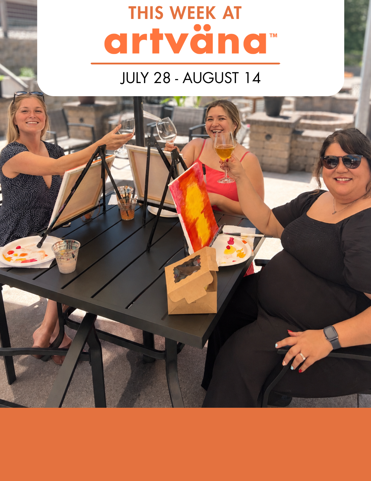 Friends painting colorful summer artwork during an Artvana paint and sip class.