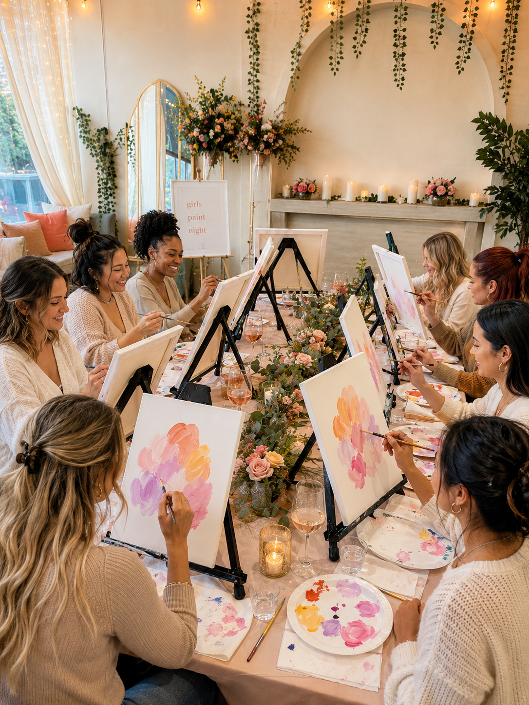 Group of adults celebrating a birthday at a paint party with colorful artwork and creative supplies on the table