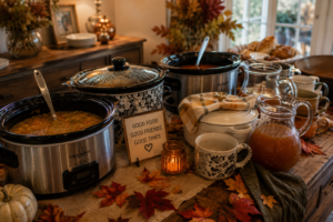 Cozy fall soup and cider night setup with slow cookers of homemade soup, apple cider, mugs and simple autumn decorations.”
