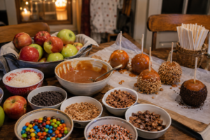 Cozy DIY caramel apple bar with fresh apples, warm caramel and assorted toppings for an easy fall party activity.”