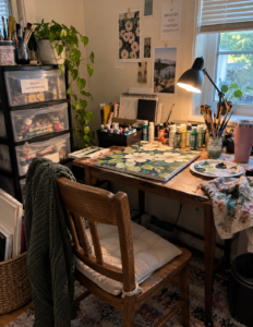 home art studio ideas, a messy home crfat space with light