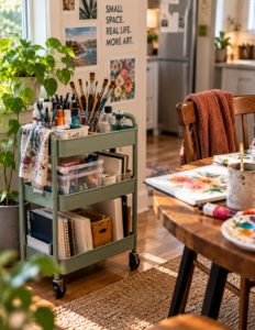 art cart in a corner, a rolling top rate art cart with art supplies on it