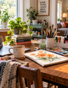 a cozy craft room set up for painting with a sketchbook set out on the table